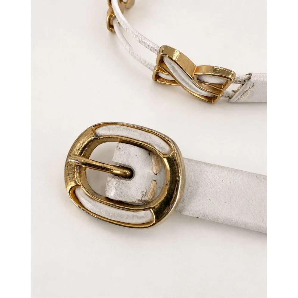 Calderon Leather Belt Womens S White‎ Gold Hardware Vintage Skinny Chic Luxury